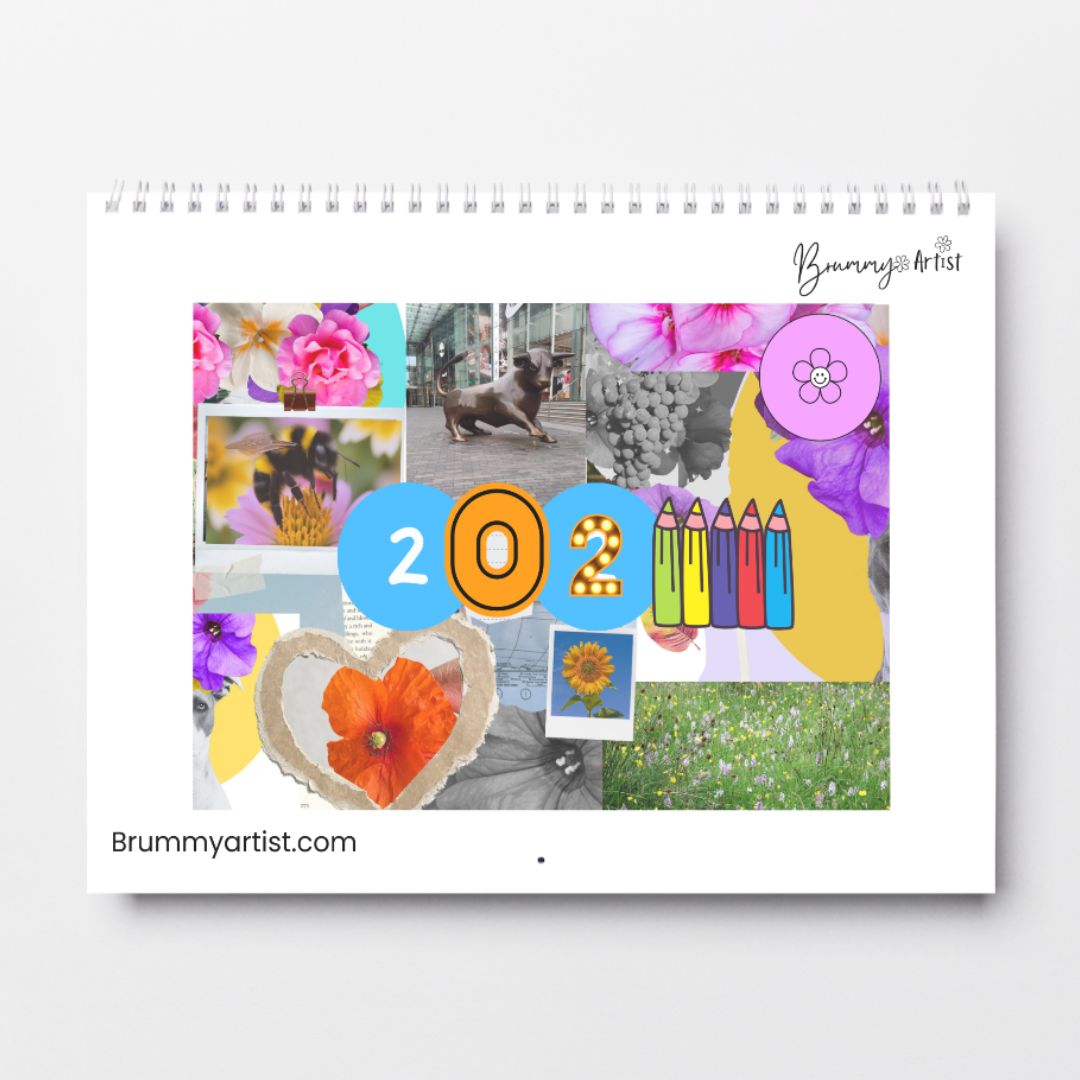 Discover the Brummy Artist 2025 Calendar, featuring a limited-edition cover artfully combining flowers, a dog, and pencils on recycled art stock. The bold "2025" text integrates seamlessly with the vibrant background, celebrating both creativity and sustainability. Pre-order this unique collectible at Brummyartist.com from The Brummy Artist UK.