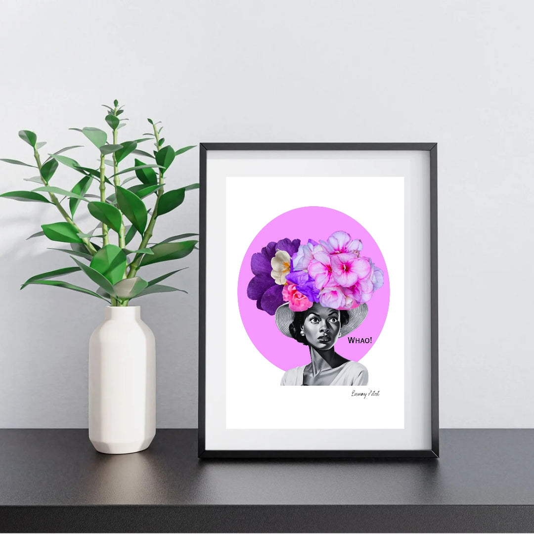 The framed artwork "Caught in the Moment - floral collage art print" by The Brummy Artist UK showcases a playful print of a woman in a hat adorned with colorful flowers and the word "Whao!" set against a pink circular background.