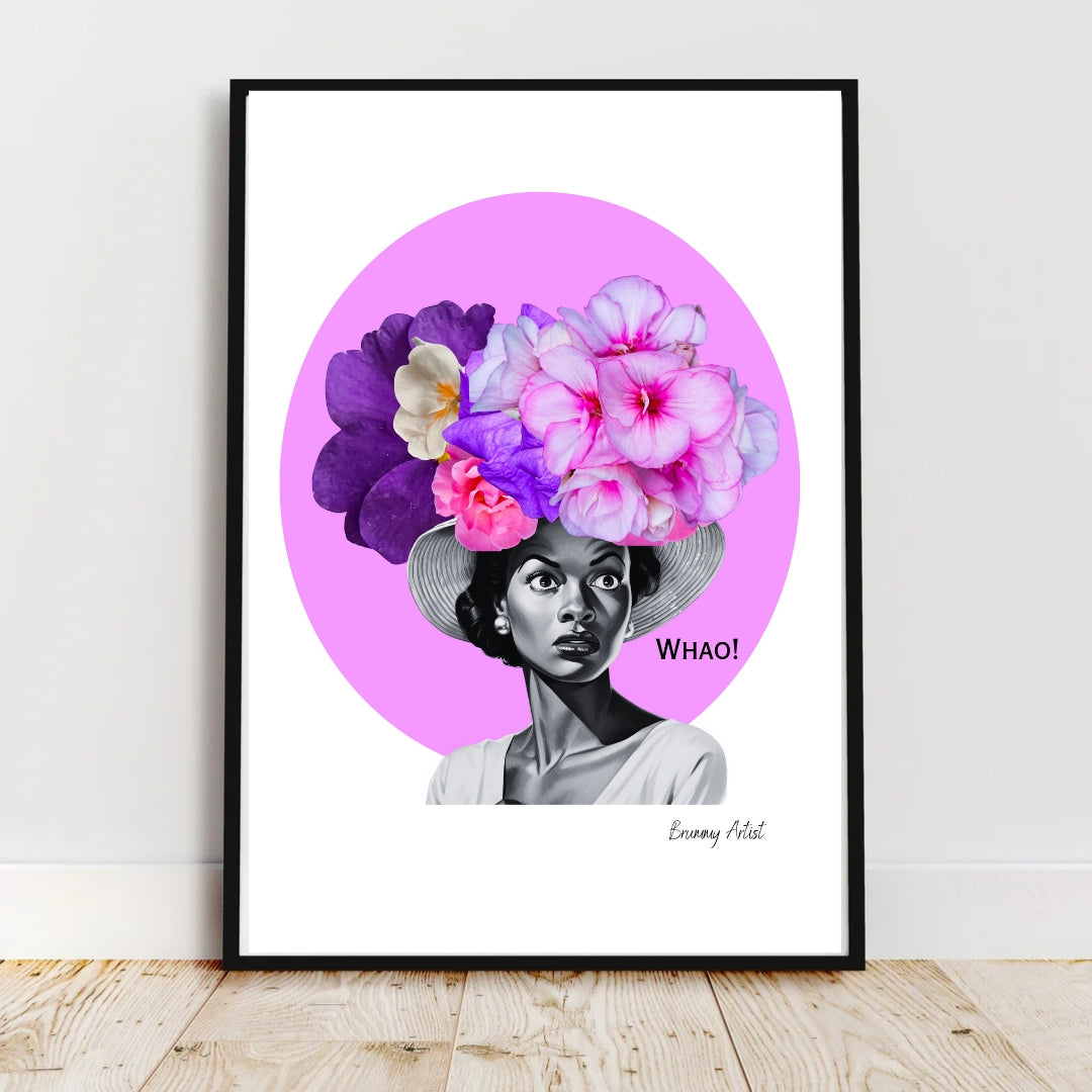 The framed artwork "Caught in the Moment - floral collage art print" by The Brummy Artist UK showcases a playful print of a woman in a hat adorned with colorful flowers and the word "Whao!" set against a pink circular background.