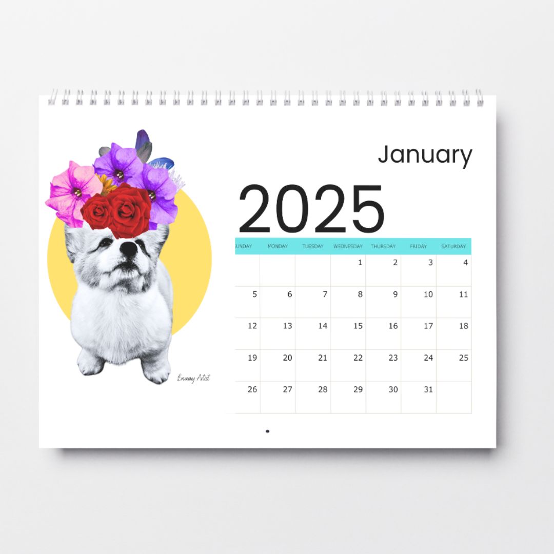 The Brummy Artist UK is offering a pre-order for their limited-edition Brummy Artist 2025 Calendar, which opens to the January page featuring a dog wearing a flower crown. This delightful collectible, printed on recycled art stock, is an eco-friendly treasure not to be missed.