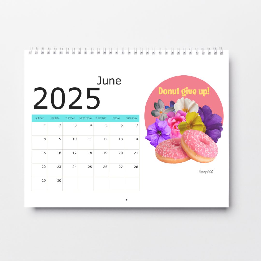 The Brummy Artist UK presents the Brummy Artist 2025 Calendar Pre-Order, showcasing a spiral-bound June page adorned with pink donuts and colorful flowers. The phrase "Donut give up!" graces the side. This vibrant artwork is crafted on recycled art stock, making it a must-have collectible for pre-order.